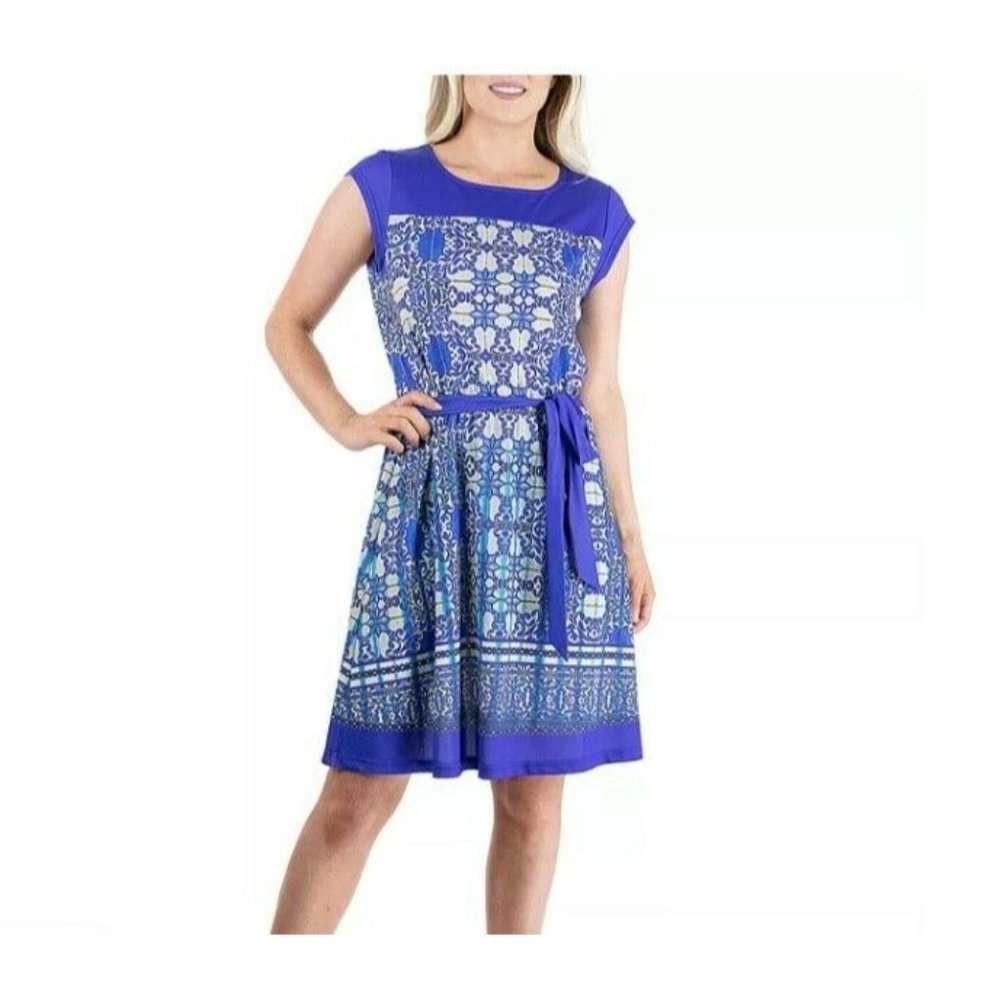 24seven Comfort Apparel Womens Dress M Blue Cap Sleeve Belted Stretchy NWOT